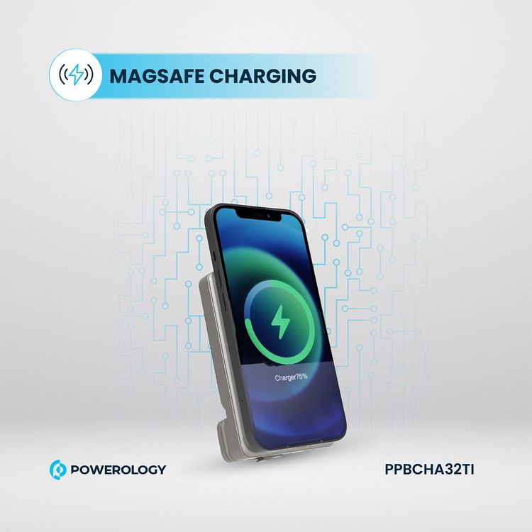 Powerology Car Mount 5000mAh Power Bank with Magnetic Wireless Charger, MagSafe Charging, PD 20W Fast Charge, Folding Air-Vent Clip, LED Indicator, Built-In Type-C Cable, Lightweight & Portable - Titanium