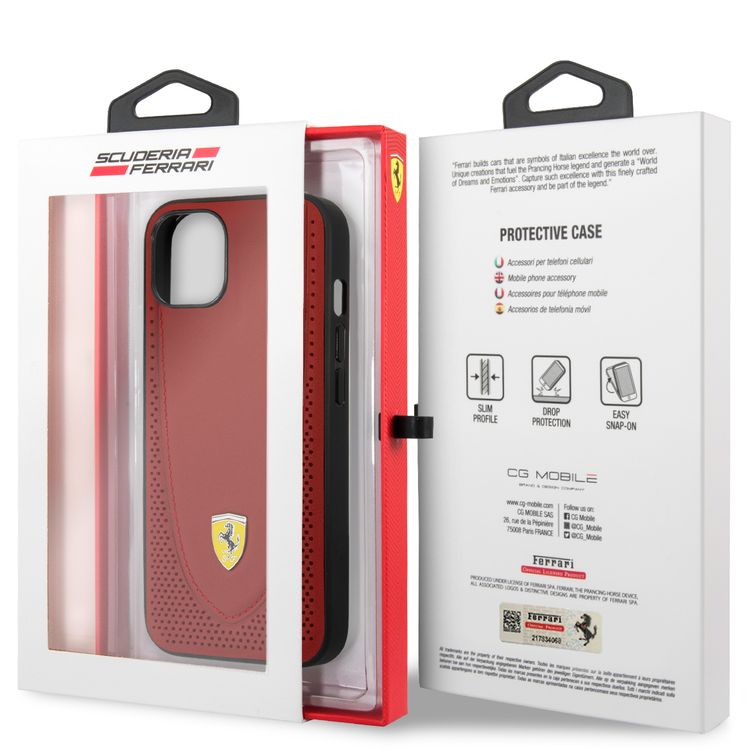 CG MOBILE Ferrari Genuine Leather Hard Case with Curved Line Stitched & Perforated Leather Compatible for iPhone 13 (6.1") Shock & Scratches Resistant