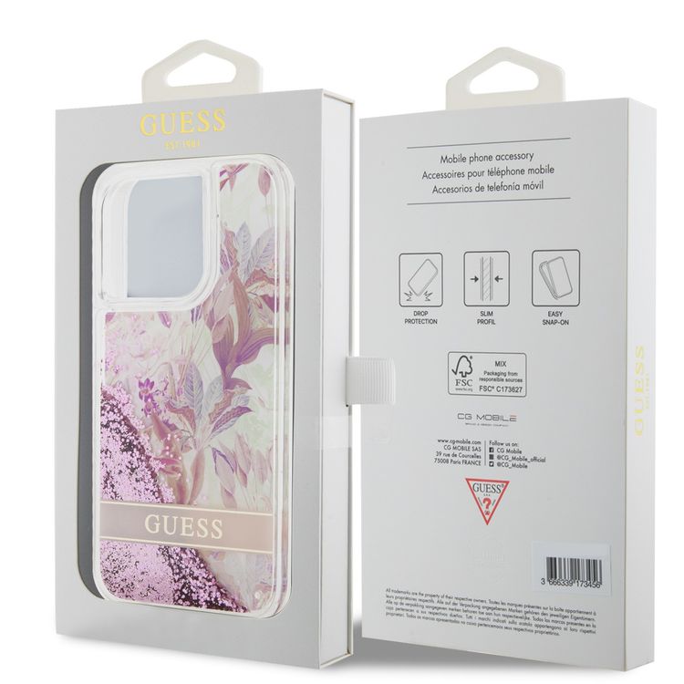 Guess HC Liquid Glitter Case with Flower Pattern  - Pink - iPhone 15 Pro Max