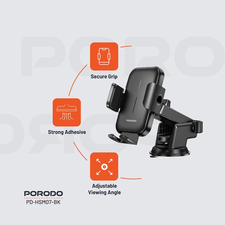 Porodo Dash & Windshield Mount with Adjustable Viewing Angle, Strong Adhesive, 60-90mm Grip Width, ABS & Silicone Material, Secure Grip - Black