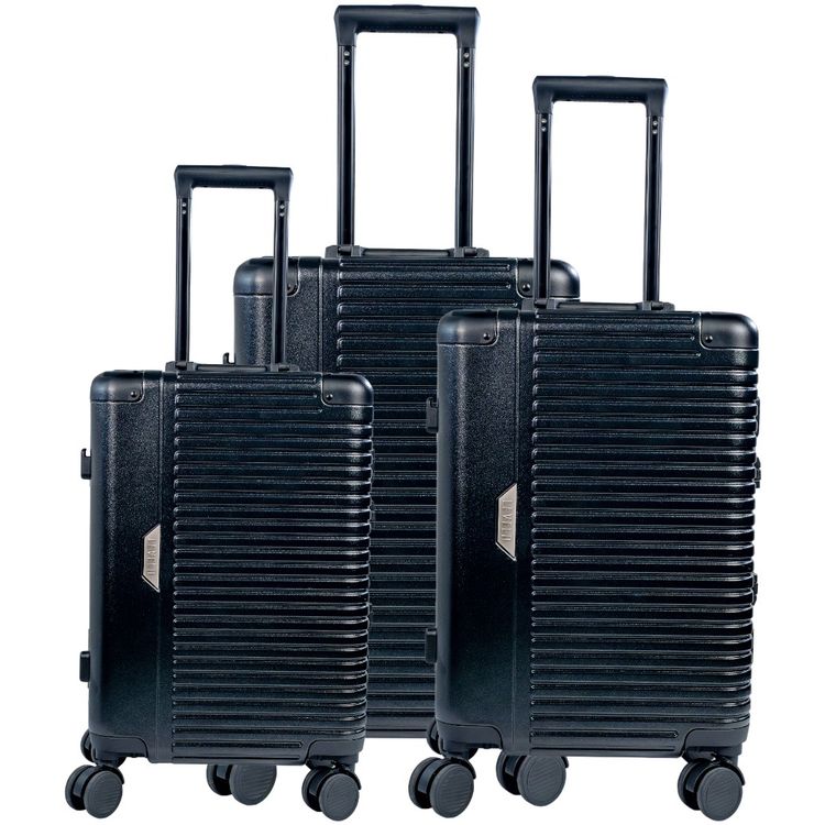 Levelo Aluminum & PC Luggage Set with Reinforced Lock Latch, 4 Double Wheels, Up to 80kg Weight Bearing, 20", 24" & 28" Luggage Sizes, Impact-Resistant Corners, 360° Wheel Rotation - Black