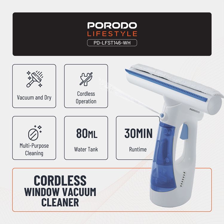 Porodo Lifestyle Cordless Window Vacuum Cleaner with Dual-Tank Design, Up to 30 Minutes of Working Time, 1kPa Suction Power, Spray, Wipe & Vacuum Dry Functions, 9W Rated Power - White