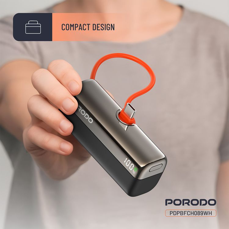 Porodo Pocket Volt 5000mAh Power Bank with Built-in Type-C Connector, 22.5W Power Delivery, Fast Charging Support, Compact Design, 15W Total Output - Black