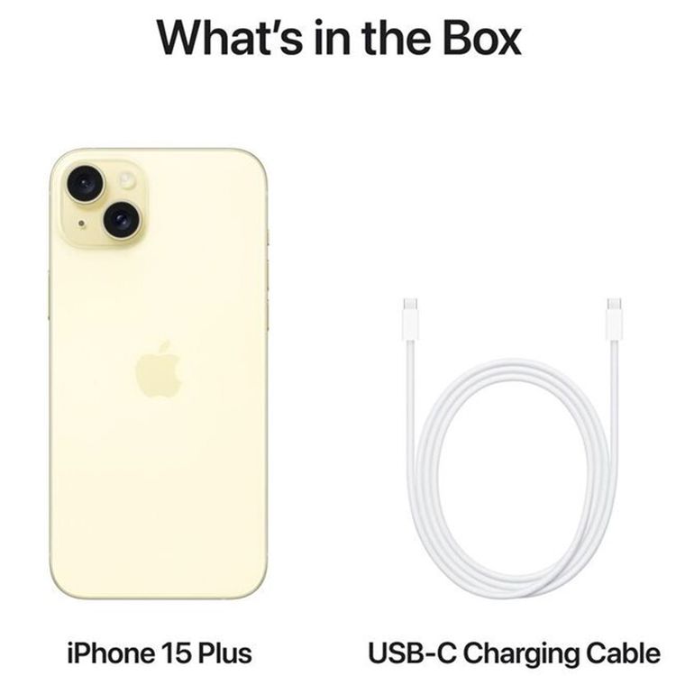 هاتف Apple iPhone 15 Plus بسعة 256 جيجابايت، شاشة 6.7 بوصة، شريحتي اتصال eSIM، دقة الكاميرا 48 ميجابكسل، شريحة A16 Bionic، نوع موصل USB-C، تقنية شبكة 5G، مقاوم للرذاذ والماء والغبار - أصفر