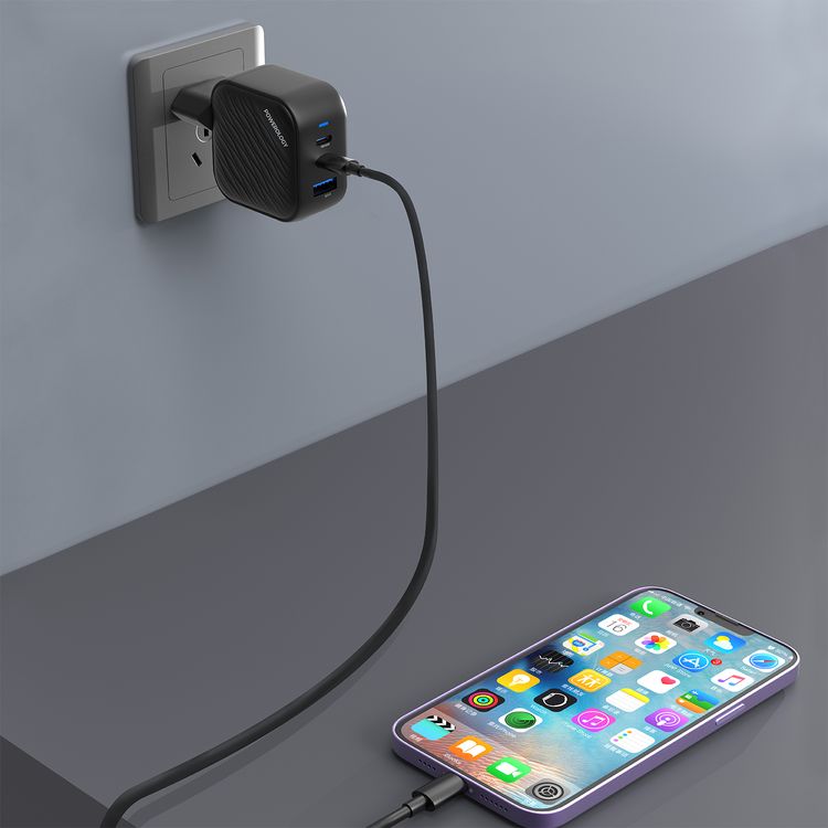 Powerology GaN Ultimate EU Dual PD Charger with 65W Power Delivery, 0%-60% Charge in 35 Minutes, 36W USB-A Output, Simultaneous Charging, Built-in Safeguards - Black