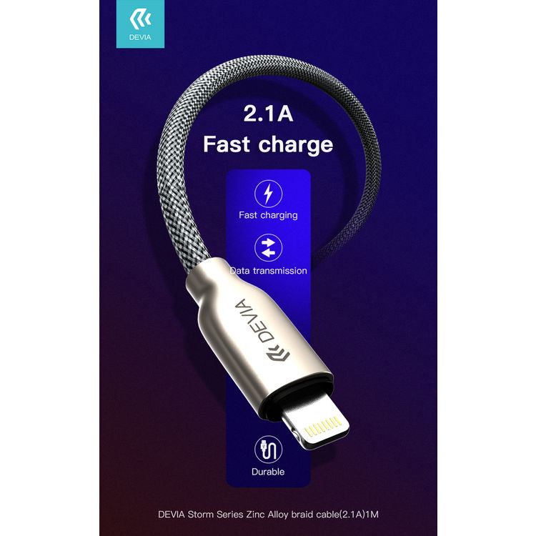 Devia Storm Series Zinc Alloy Braided Lightning Cable 1M 2.1A - Silver