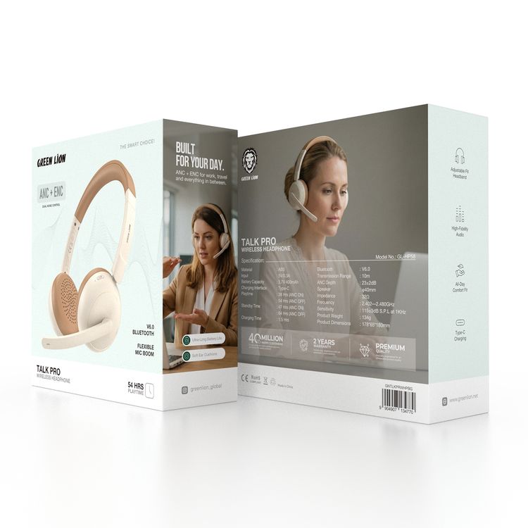 Green Lion Talk Pro Wireless Headphone with 54 Hours Play Time, Bluetooth Version 6.0, Flexible Mic Boom, ANC + ENC Dual Noise Control, Adjustable Fit Headphone, High-Fidelity Audio, All-Day Comfort Fit, Type-C Charging Port, Ultra-Long Battery Life, Soft Ear Cushions - Beige