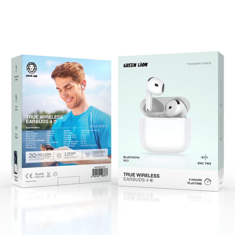 Green Lion True Wireless Earbuds 4 G1, 25 Meters Transmission Range, Type-C Charging Port, 2 Hours of Charging Time, 5 Hours Playtime, 20 Hours Case Battery Life, Bluetooth Version 5.3 - White