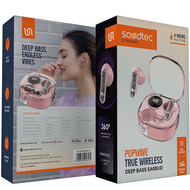 Porodo Soundtec Popwave True Wireless Earbuds with Up to 4 Hours of Playtime, 10m Transmission Distance, Bluetooth Version 5.4, 360° Omnidirectional Microphone - Pink