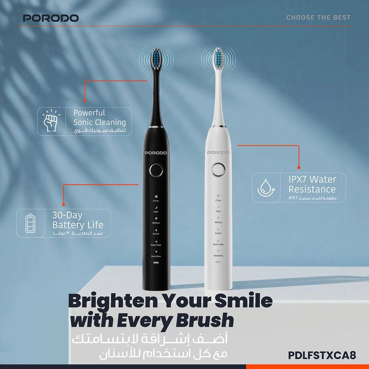 Porodo Lifestyle Smart Sonic Electric Toothbrush with Memory Function, 6 Cleaning Modes, Up to 30 Days Working Time, 500mAh Battery, IPX7 Water Resistance Level, USB-C Charging Interface, DuPont Bristles, Powerful Sonic Cleaning, Smart Timer & Reminder - White