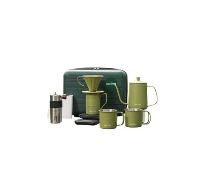 مجموعة صانع القهوة Green Lion V-60 Pro مع غلاية عنق الإوزة، 100 فلتر ورقي، ميزان دقيق، أداة سكب، مطحنة قابلة للتعديل، كوبان من الفولاذ المقاوم للصدأ، حقيبة سفر، اللون الأخضر.