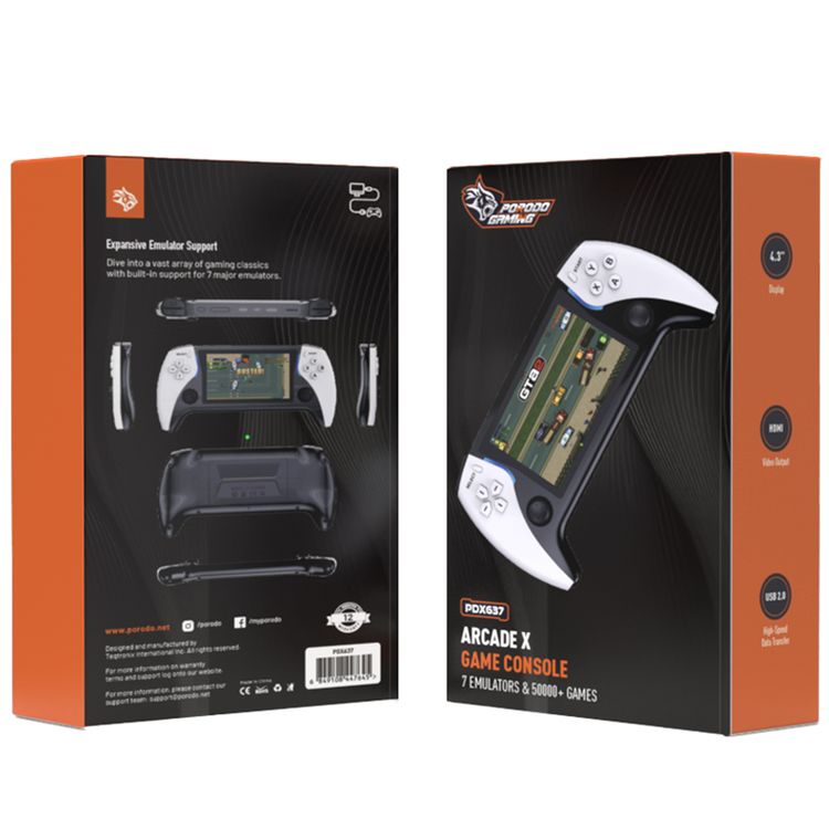 وحدة تحكم الألعاب بورودو جيمينج أركيد X مع مخرج فيديو HDMI، تدعم جهاز تحكم خارجي، قراءة الكتب الإلكترونية، نقل بيانات عالي السرعة، سعة بطارية 2500 مللي أمبير، شاشة بحجم 4.3 بوصة - بالألوان الأسود والأبيض.