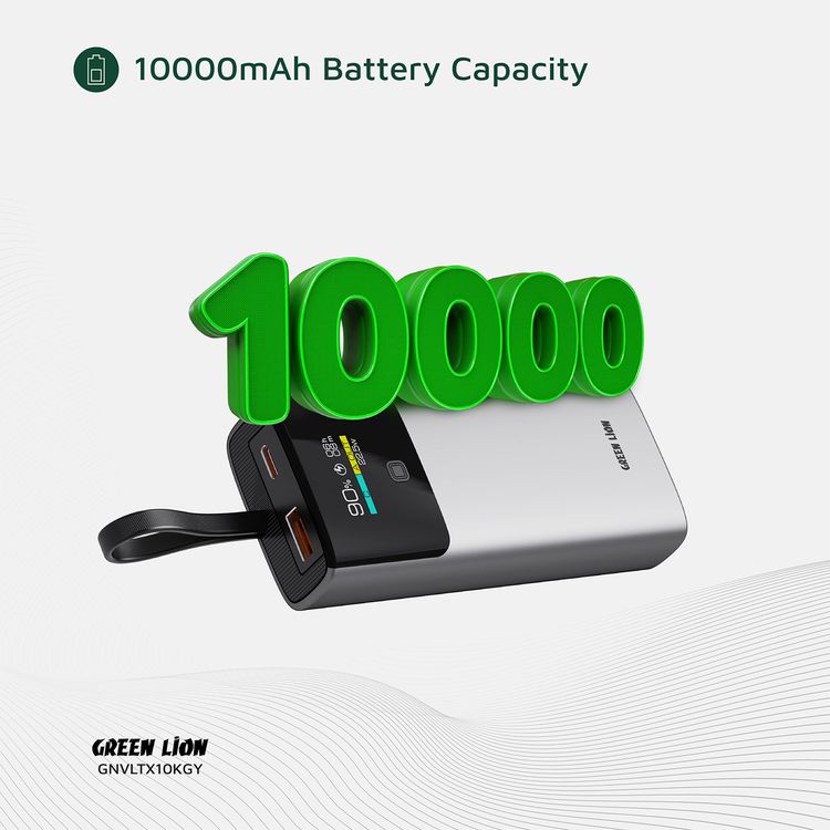 بنك طاقة جرين ليون فولتكس بسعة 10000 مللي أمبير مع شاشة TFT، تصميم رائع، حزام كابل Type-C، شحن سريع، تصميم خفيف الوزن، إجمالي قوة 22.5 واط - رمادي
