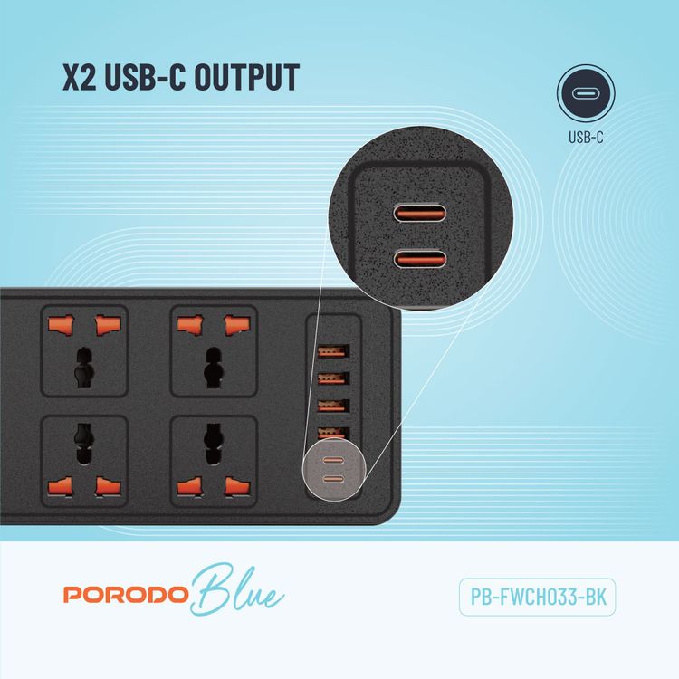 Porodo 6AC-Dual Switch Universal Power Strip with Premium Material, Power Switch Control, Safety Shutter, 13A Maximum Current - Black  