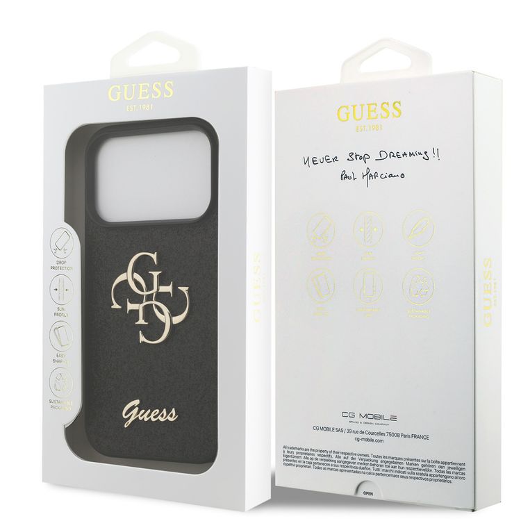 غطاء جليتر PU من Guess بشعار 4G معدني كبير لهاتف iPhone 17 Pro، حماية من الصدمات، تصميم نحيف وخفيف الوزن، سهل التركيب، تغليف مستدام، قبضة مريحة - أسود