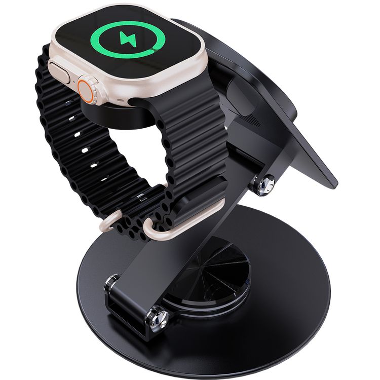 Porodo Wireless Charging Rotating Stand with Folding Watch Charge, Flexible Viewing Angle, 360° Rotating Base - Black