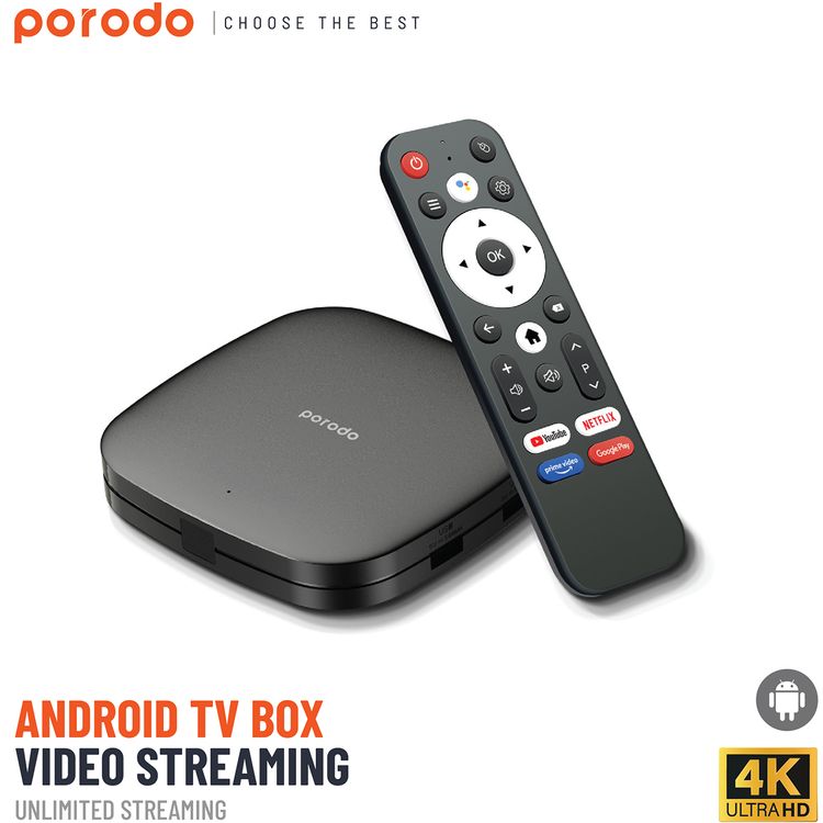 Porodo Android TV Box, Video Streaming, 2GB RAM, 8GB ROM, Voice Command, Quad-Core, 4K Ultra HD, Android 9.0, Unlimited Streaming - Black