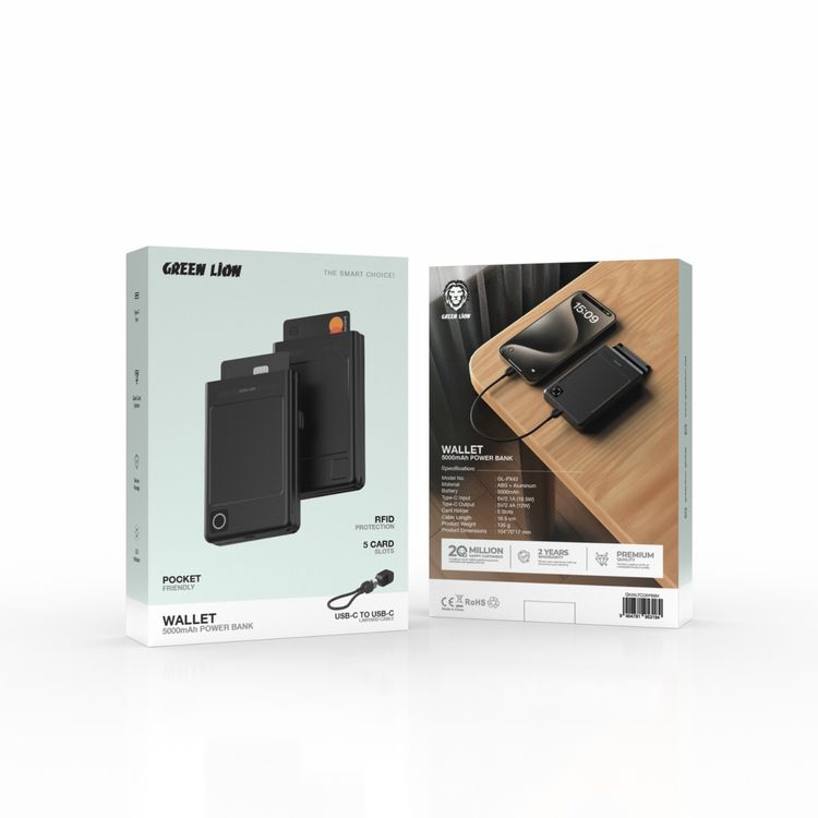 Green Lion Wallet 5000mAh Power Bank with 16.5cm USB-C to USB-C Lanyard Cable, RFID Protection, 12W Type-C Output, 5 Card Holder Slots, Quick Card Ejection, LED Indicator - Black