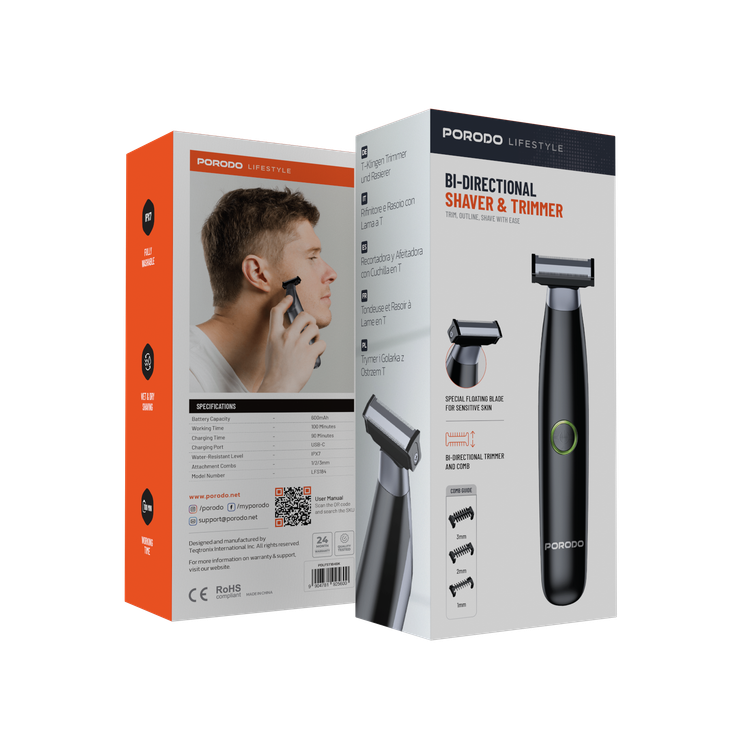 Porodo Lifestyle Bi-Directional Shaver & Trimmer with 3 Comb Heads, 600mAh Battery Capacity, 100 Minutes Working Time, USB-C Charging Interface, IPX7 Water Resistance Level, Wet & Dry Shaving, Washable Body - Black