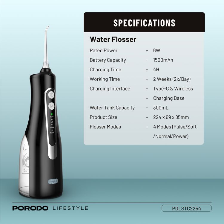 Porodo Ultimate Oral Care Duo Electric Toothbrush with Water Flosser Combo, 1200mAh Electric Toothbrush Battery Capacity, 2 Hours Electric Toothbrush Charging Time, 2 Months Electric Toothbrush Working Time, 300mL Water Flosser Water Tank Capacity, High-Pressure Water Flosser - Black