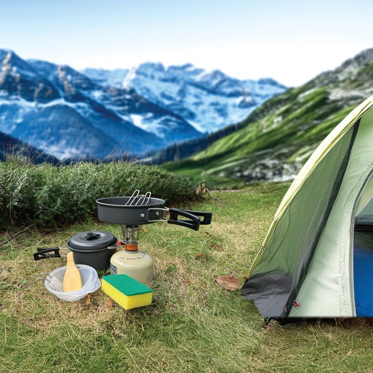 Green Lion 10-in-1 Camping Cookware with Camping Stove, Foldable Soup Spoon, Wooden Shovel, Small Bowl, Foldable Knife, Heat-Resistant Handles - Black