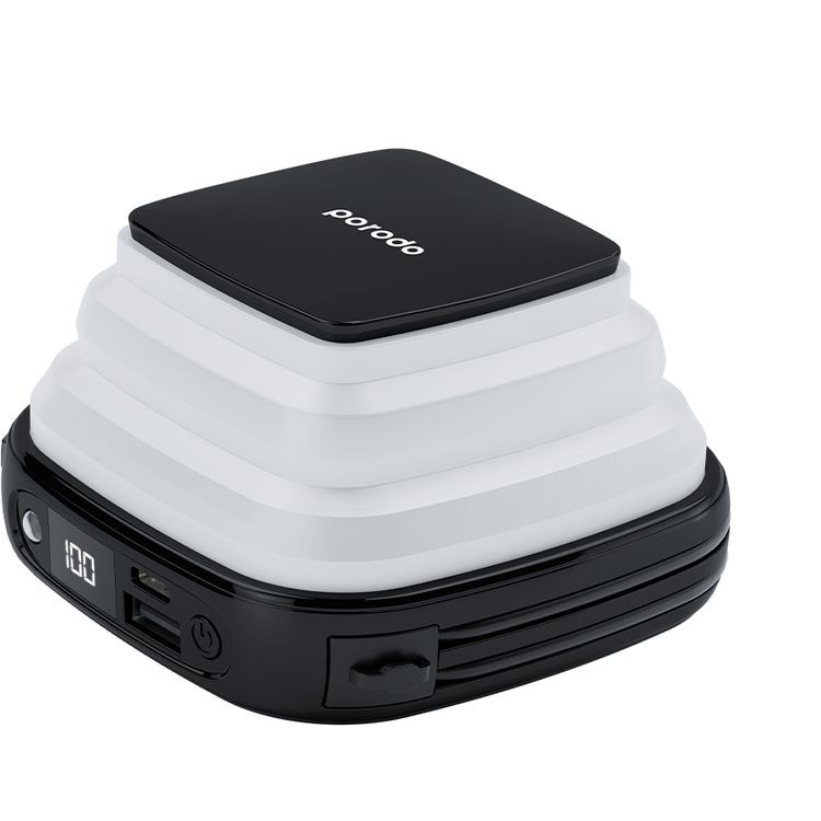 Porodo Outdoor Night Light 10000mAh PowerBank with Integrated Lightning & Type-C Cables, 7 Hours Charging Time, Integrated LED Light, Digital Display & Built-in phone holder  - Black