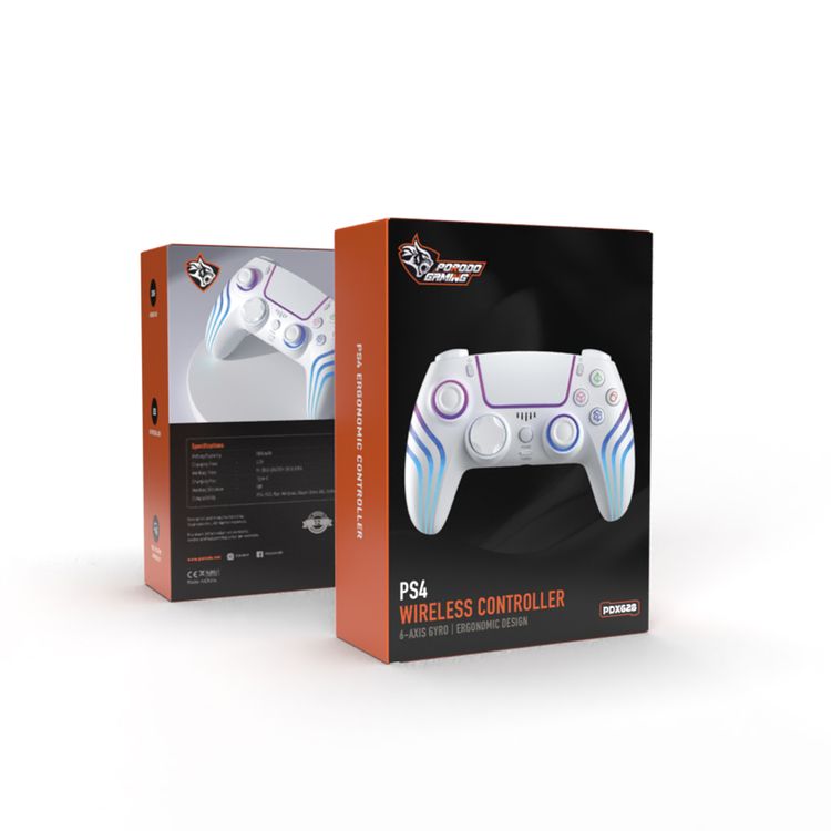 ذراع تحكم لاسلكي لألعاب PS4 من Porodo مع أنماط إضاءة رائعة، إضاءة LED قابلة للتخصيص، توافق مع منصات متعددة، تصميم مريح، 20 ساعة من وقت التشغيل، مسافة عمل 10 أمتار، وقت شحن 2.5 ساعة، سعة بطارية 1000 مللي أمبير - أبيض