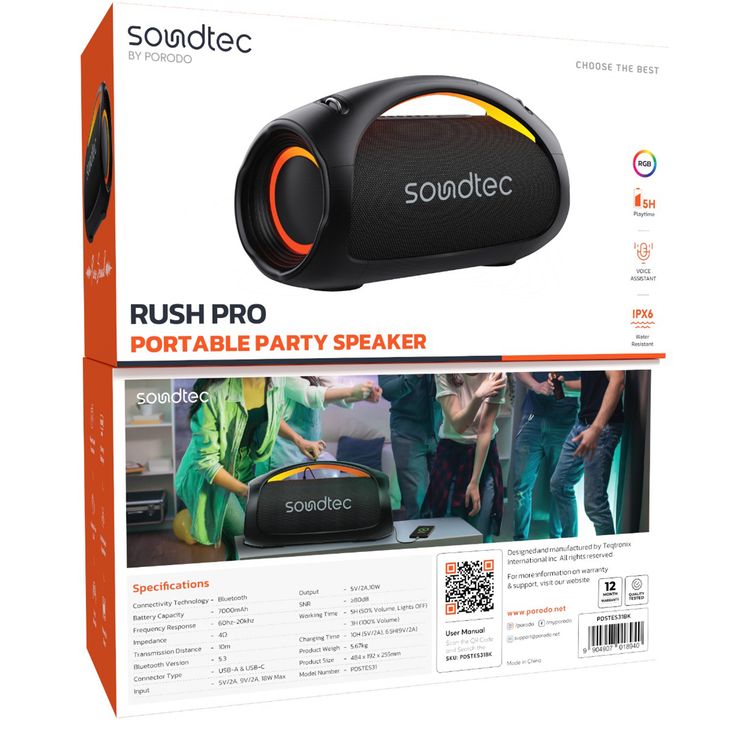 Porodo Rush Pro Portable Party Speaker with Voice Assistant, IPX6 Water Resistant, 5 Hours Play Time, RGB Lights, 7000mAh Battery Capacity, USB-A & USB-C Connector Type, 10m Transmission Range, Bluetooth Version 5.3, 10 Hours Charging Time, Power Bank Function, Grip Handle - Black