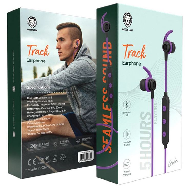 Green Lion Track Earphones with 3 Sizes Silicone Ear Tips, Premium Sound, 1.5 Hours Charging Time, 5 Hours Talking Time, Type-C Charging Port, 10mm Driver Size - Purple