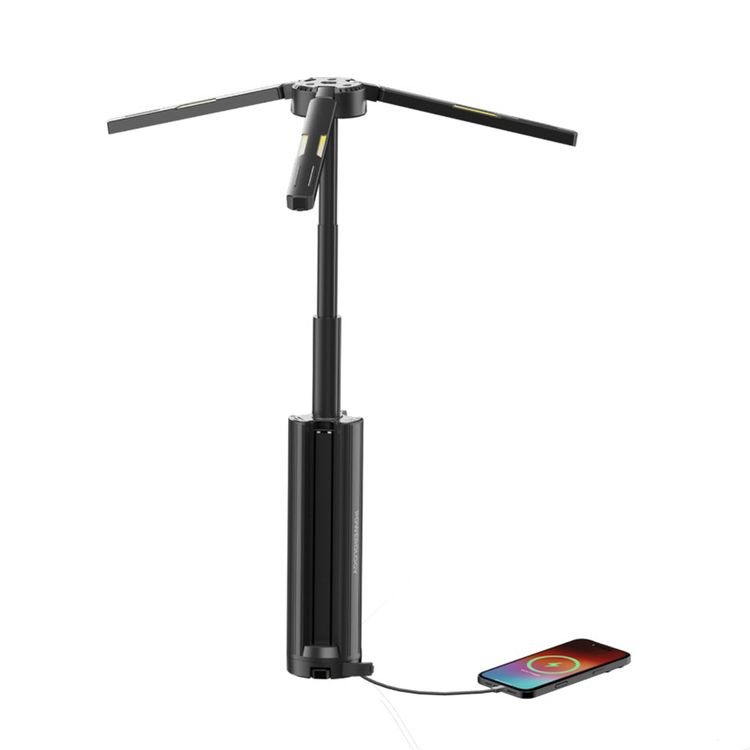 Powerology Luntra 15600mAh Foldable Camping Light with Power Bank Function, 5 Lighting Modes, 30W Rated Power, Up to 60 Hours Battery Life, Adjustable Telescopic Rod, Top Spotlight Beam - Black