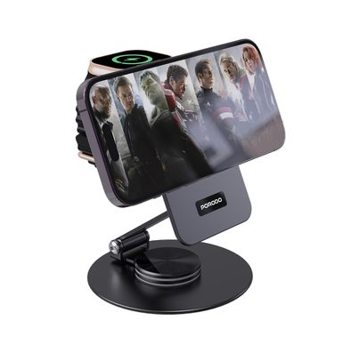 Porodo Wireless Charging Rotating Stand with Folding Watch Charge, Flexible Viewing Angle, 360° Rotating Base - Black