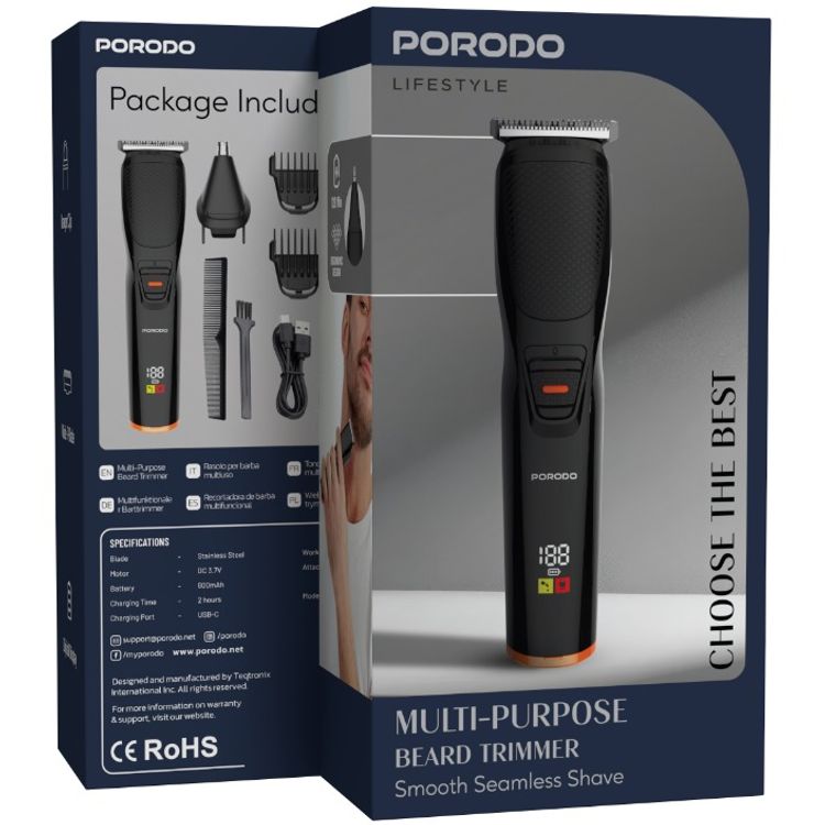 Porodo Lifestyle Multipurpose Beard Trimmer with Up to 120 Minutes Working Time, Stainless Steel Blade Material, 600mAh Battery Capacity, Digital Display, Wide T-Blade - Black