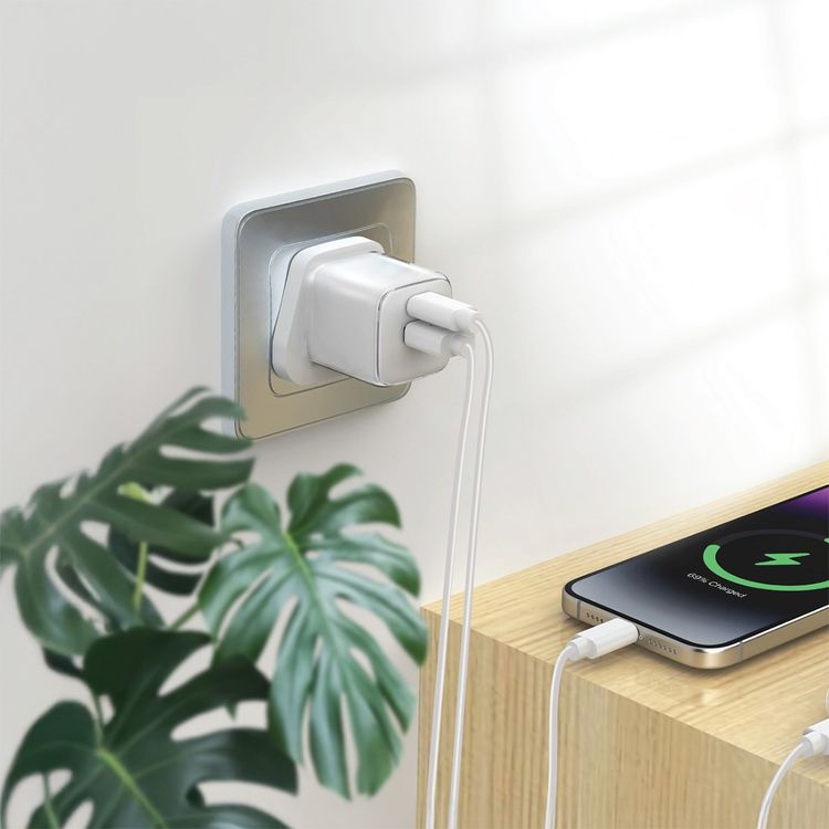 Green Lion Reva Dual Port Wall Charger with Fast Charge Support, 20W Power Delivery, 18W USB-A Output, Flame-Retardant Material, Multi-Device Charging, Built-in Safeguard - White