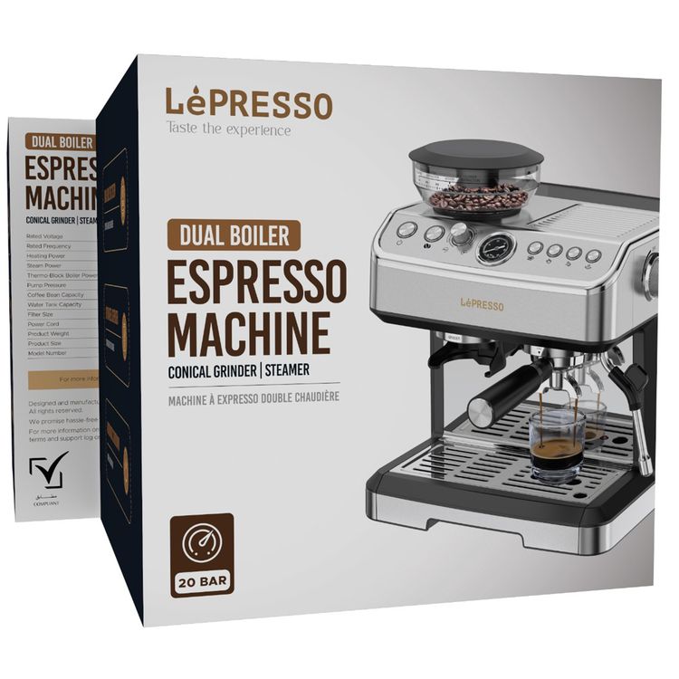 LePresso Dual Boiler Espresso Machine with Conical Grinder & Steamer Functions, 2.8L Water Tank Capacity, 2300W Heating Power, Hot Water Dispenser - Silver