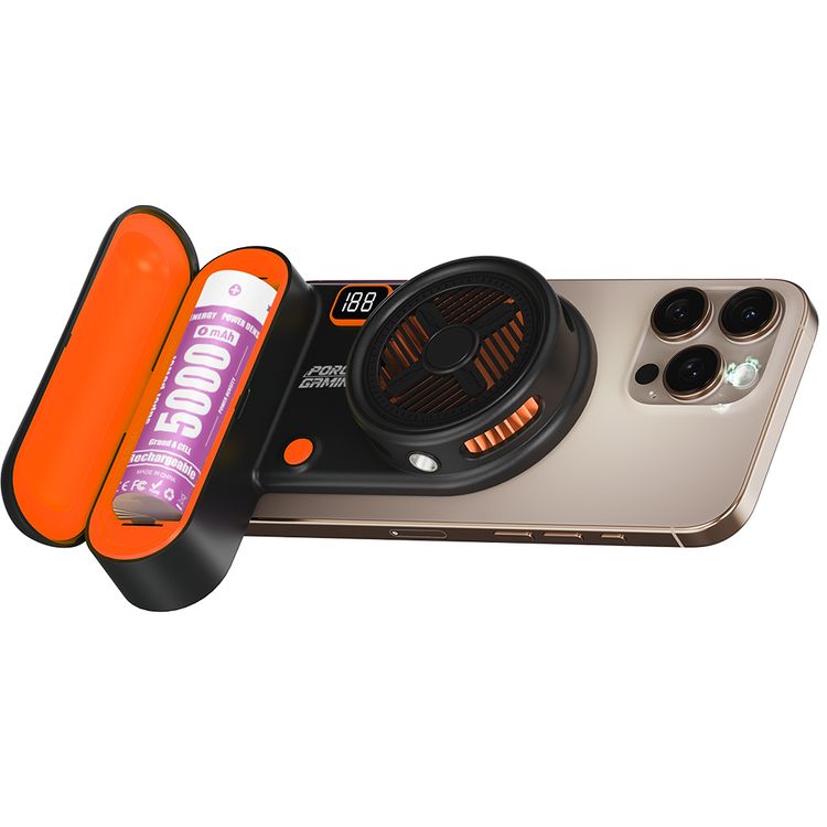 Porodo Gaming Arcticchill Magnetic Phone Cooler with Ultra-Quiet Fan, High Speed Fan, Slip-Resistant Design, 90 Minutes Working Time, 5000mAh Battery Capacity - Black / Orange