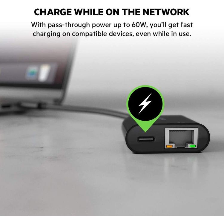 بيلكين محول يو اس بي سي إلى ايثرنت جيجابايت 60وات PD ، محول توصيل وتشغيل يو اس بي سي إلى ايثرنت متوافق مع أجهزة كمبيوتر ماك و ويندوز المحمولة وأجهزة يو اس بي سي الأخرى - أسود