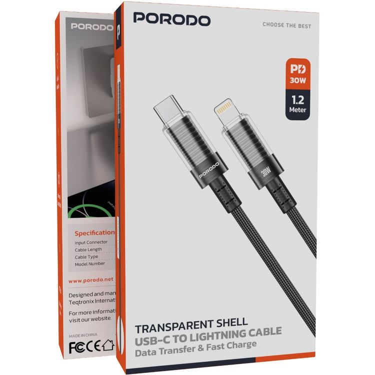 Porodo Transparent Shell USB-C to Lightning Cable, 1.2m Cable Length, Universal Compatibility, PD 30W, Safe & Secure, Data & Fast Charger - Black