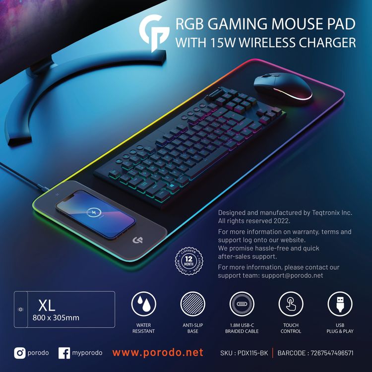 Porodo RGB Gaming Mouse Pad With 15W Fast Wireless Charger - Black