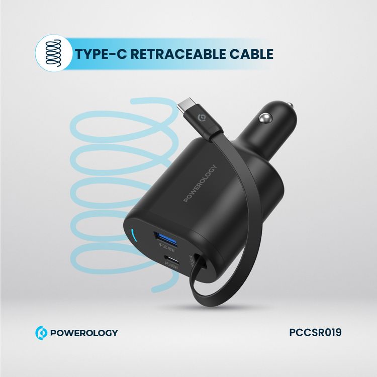 Powerology Retractable Car Charger with Simultaneous Charging, Built-In Safeguards, Patented Design, 1m Cable Length - Black 
