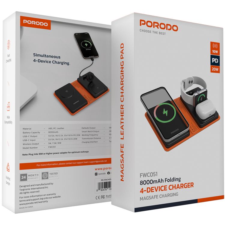 Porodo 8000mAh Folding 4-Device Charger with 10W Wireless Output, Fast Charging Support, 20W Power Delivery, Folding Design, Wide Compatibility - Black