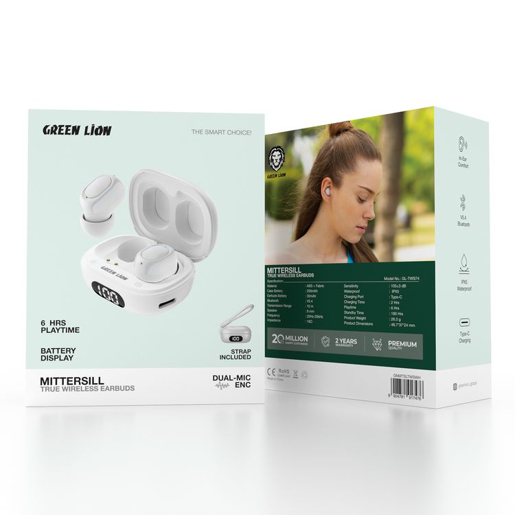 Green Lion Mittersill True Wireless Earbuds with ENC, Up to 6 Hours Playtime, IPX5 Waterproof Resistance Level, Bluetooth Version 5.4, Up to 10m Transmission Range, Type-C Charging Port, Dual-Microphone, Strap Included - White