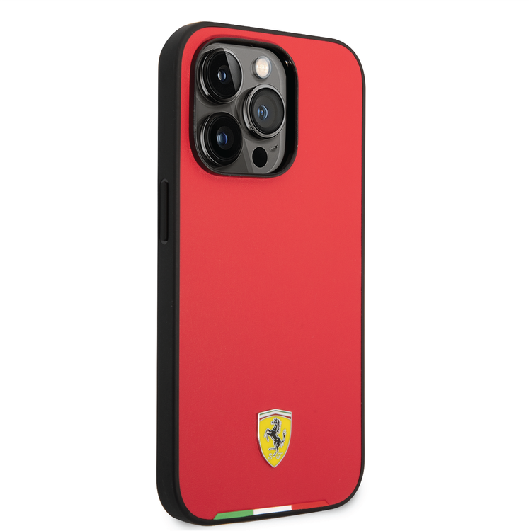 CG Ferrari Magsafe Compatibility Hard PU Smooth Case with Italian Flag Line & Metal Logo iPhone 14 Pro Compatibility - Red