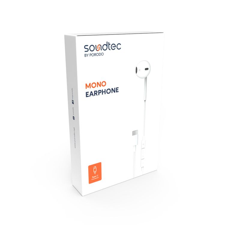 Porodo Soundtec Mono Earphone with Type-C Connector, 3-Button Controls, High-Clarity Microphone, 120 cm Cable Length - White