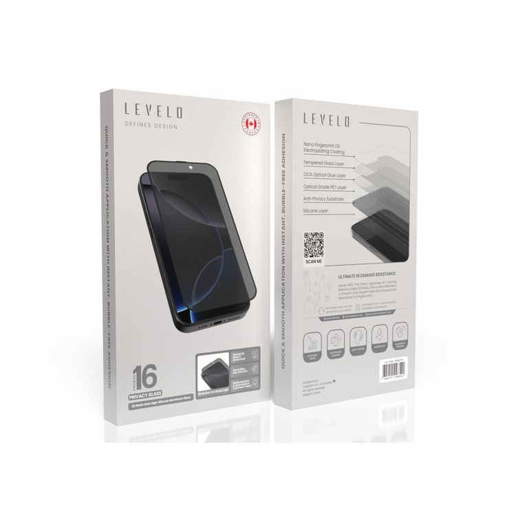 حامي شاشة الخصوصية من الزجاج الراتنج ثلاثي الأبعاد من Levelo لجهاز iPhone 16 Pro Max، مضاد لبصمات الأصابع، طلاء أوليوفوبك، تصميم مقاوم للانفجار، مضاد للخدش، يمنع تكون الفقاعات الهوائية، طرد ذاتي للهواء، مقاوم للماء - أسود