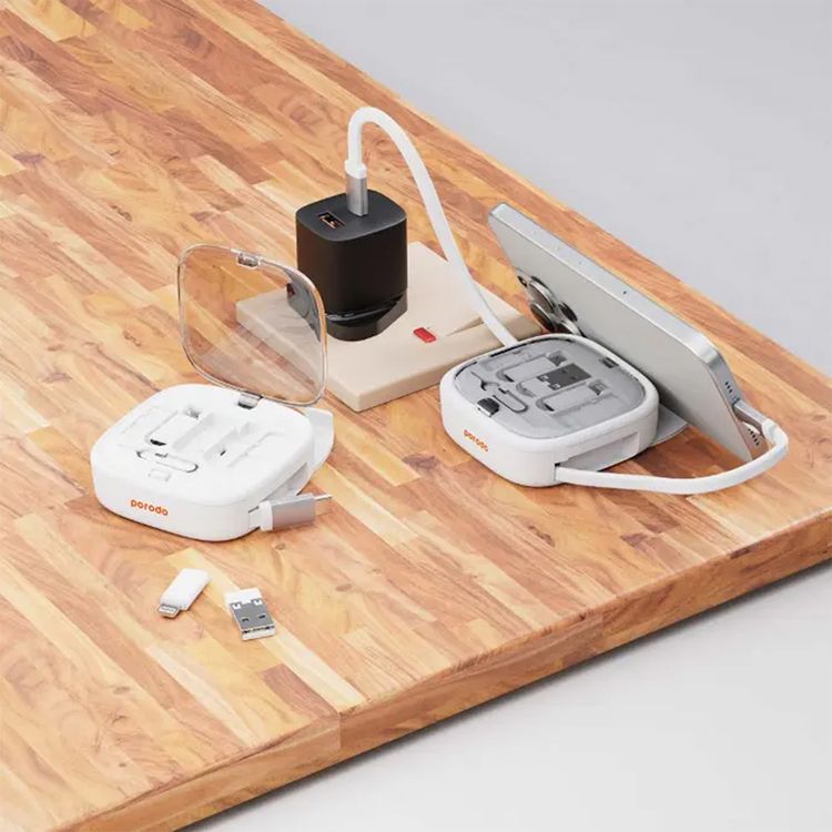 Porodo Multi-Device Charging Kit with Built-in Phone Holder, Retractable Type-C Cable, 60W Power Delivery, USB-A, Micro USB & Lightning Adapters, TF & Sim Card Slots - White