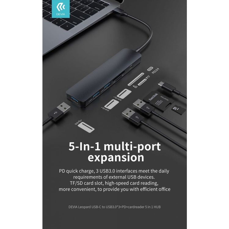 Devia Leopard 5 in 1 HUB Adapter Type-C (USB 3.0*3+PD+Cardreader) Lightweight Multi-port Adapter with Metal Texture - Wear & Oxidation Resistance - High Speed Transmission - Gray