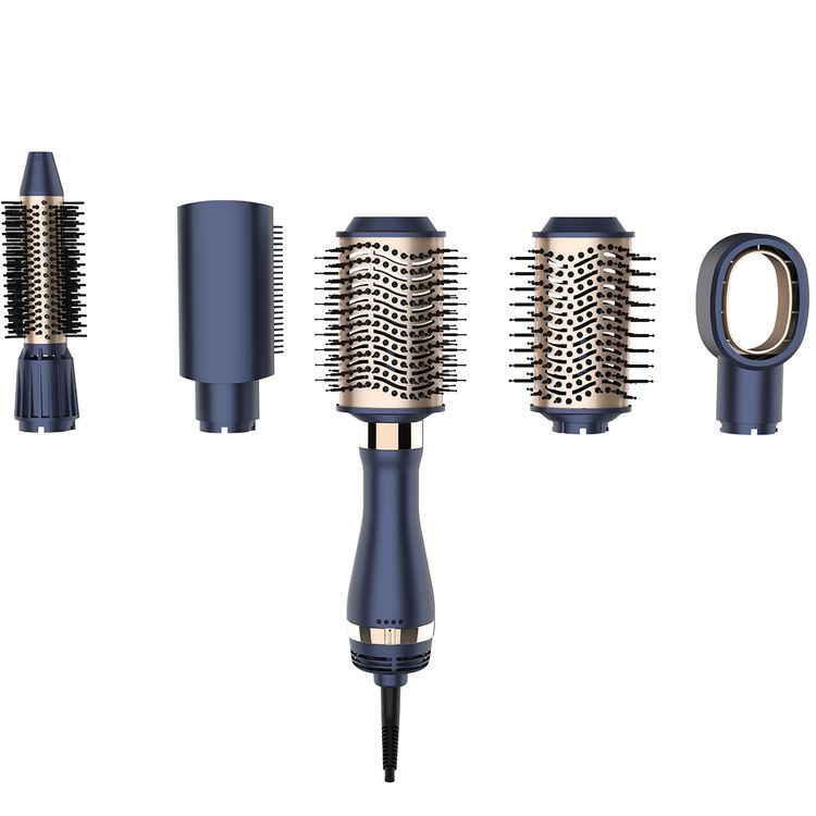Porodo 5-in-1 Hot Air Brush Styling Set with Straightening & Curling Tools, 1000W Rated Power, 360° Swivel Cord, Adjustable Temperature Control, 3 Noise Levels, Powerful Motor - Blue / Gold