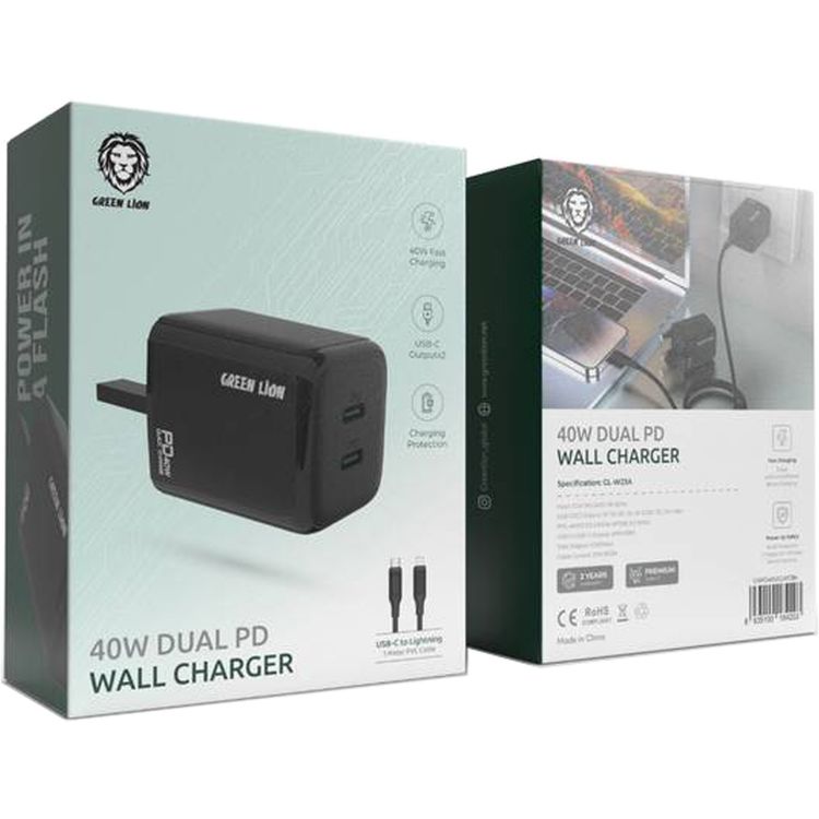 Green Lion Dual PD Wall Charger with USB-C to Lightning Cable, 40W Power up Safely, UK Power Plug, 2 Ports Type-C Output, Fast Charging, Ultra Portable, Charging Protection - Black