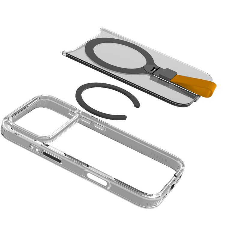 Levelo Spira MagSafe Clear Grip Case for iPhone 17 Pro, Strong Magnets, Horizontal & Vertical Viewing, Shock-Resistant Bumper, Anti-Scratch, 360° Rotating Metal Kickstand - Sunrise Orange