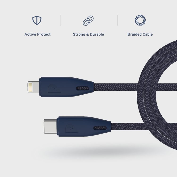 Powerology USB-C to Lightning Braided Cable with 2m Length, Fast Charging & Data Sync, Overheat & Overcurrent Protection, MFI Device Compatible, Fire-Resistant PVC Material - Blue